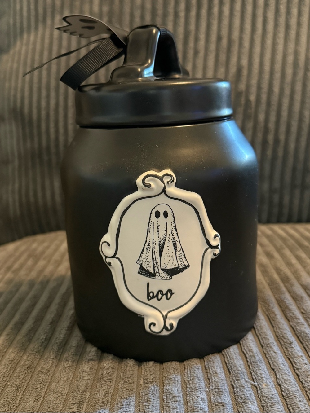 Rae Dunn Matte Black Halloween Candy Jar with Ghost 'Boo' Accent NWT